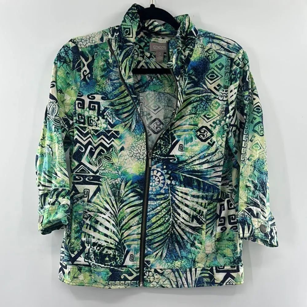 3for$20 Chico's Tie Dye Abstract Print Blue/Green Zip-Up Jacket size: Small